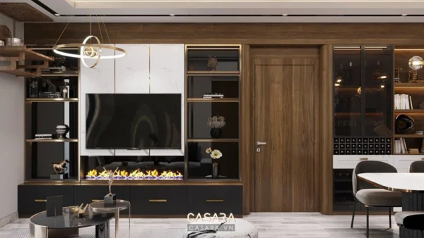 Phòng khách hiện đại với kệ tivi lớn và lò sưởi tích hợp.