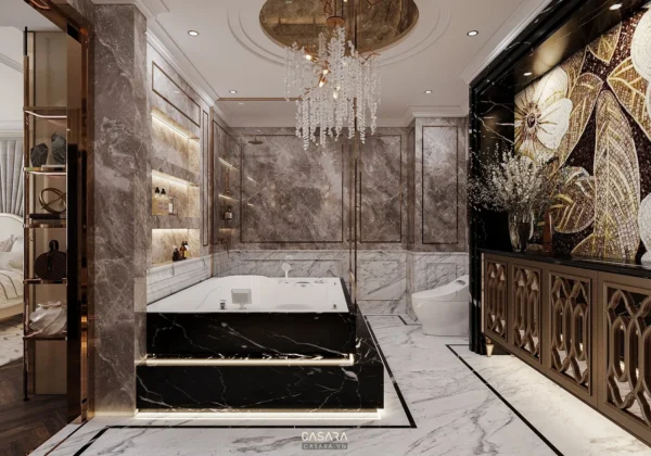 Phòng tắm sang trọng với bồn tắm đen trắng và đèn chùm pha lê lộng lẫy.