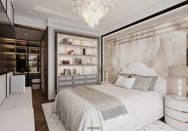 Phòng ngủ sang trọng, hiện đại với tông màu trắng, kem chủ đạo.