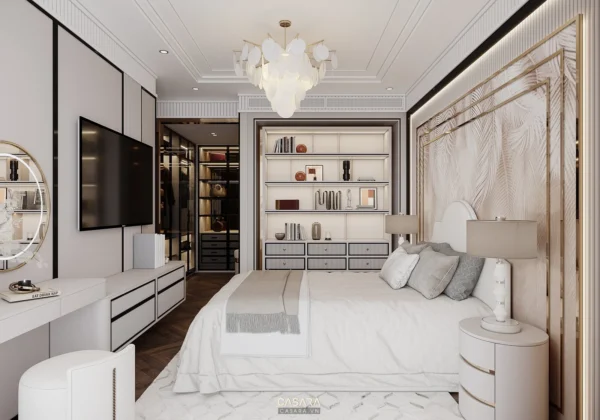 Phòng ngủ sang trọng, hiện đại với tông màu trắng chủ đạo và điểm vàng.