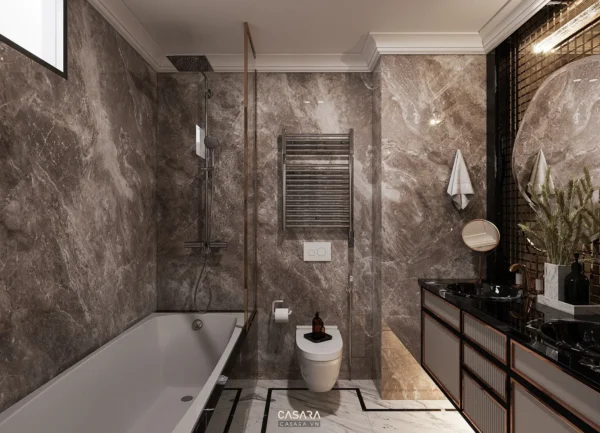 Phòng tắm hiện đại, sang trọng với tông màu trung tính ấm áp.