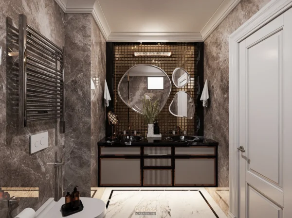 Phòng tắm hiện đại, sang trọng với tông màu xám chủ đạo.