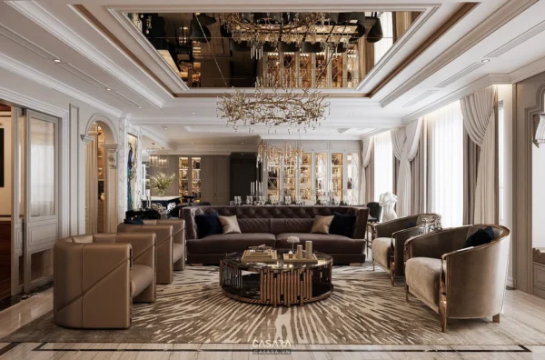 Phòng khách sang trọng với thiết kế đối xứng, ánh sáng lấp lánh.