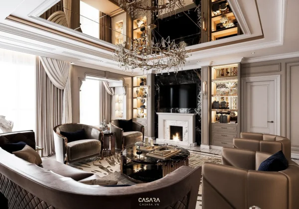 Phòng khách sang trọng với nội thất cổ điển, ánh sáng lấp lánh.