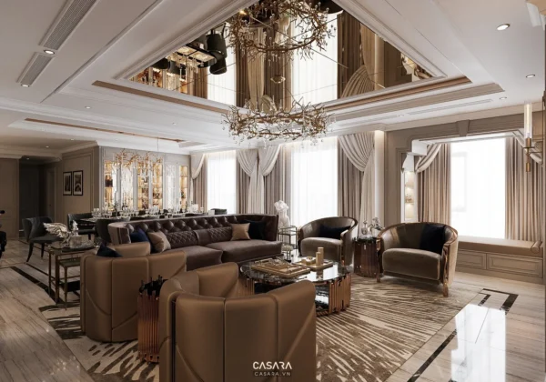 Phòng khách sang trọng với nội thất nâu vàng, ánh sáng ấm áp.