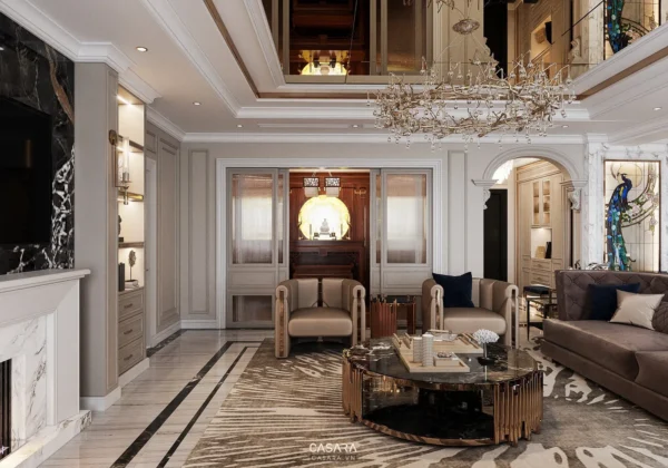 Phòng khách sang trọng với nội thất cổ điển, ánh sáng lấp lánh.