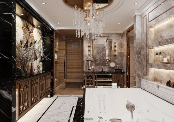 Phòng tắm sang trọng với bồn tắm lớn, đèn chùm và nội thất tinh tế.