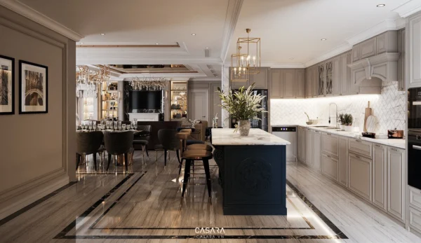 Phòng bếp và phòng ăn sang trọng, rộng rãi với thiết kế cổ điển.