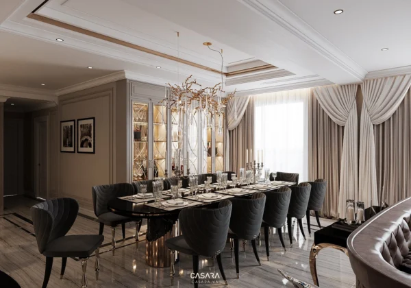 Phòng ăn sang trọng với bàn ăn dài và đèn chùm độc đáo.