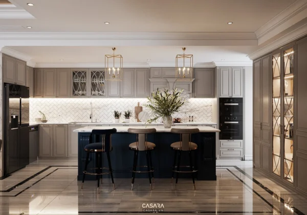Phòng bếp hiện đại, sang trọng với tông màu trung tính và điểm nhấn xanh navy.