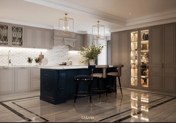 Phòng bếp sang trọng với thiết kế cổ điển, tông màu trung tính ấm áp.
