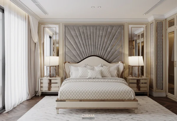 Phòng ngủ sang trọng, hiện đại với tông màu trắng, kem chủ đạo.