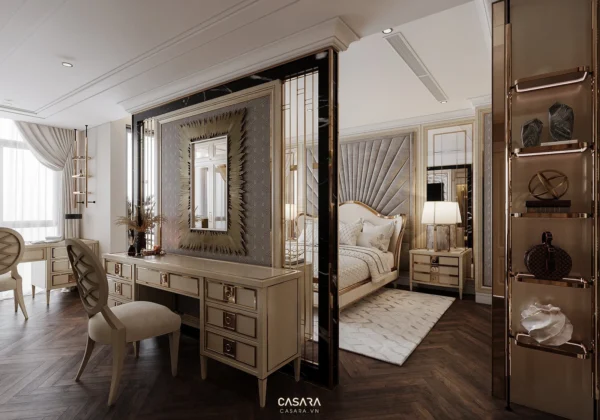 Phòng ngủ sang trọng, ấm cúng với thiết kế nội thất tinh tế, cổ điển.