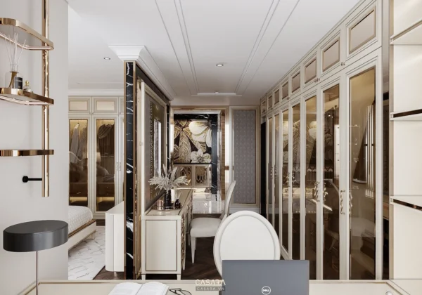 Phòng thay đồ và làm việc sang trọng, hiện đại với tông trắng chủ đạo.