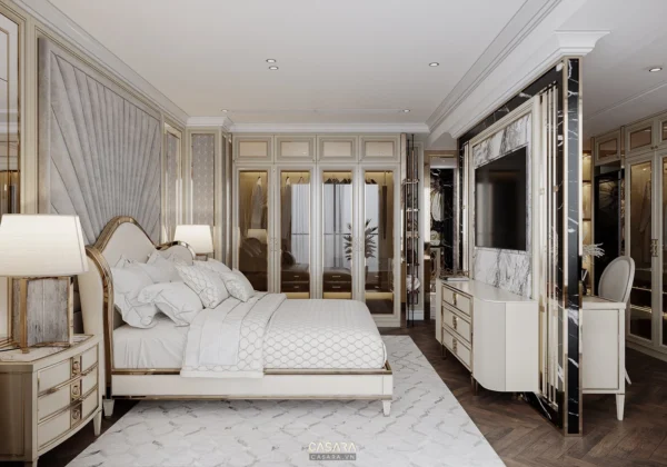 Phòng ngủ tân cổ điển sang trọng với tông màu trắng chủ đạo.