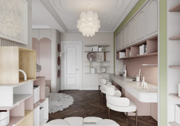 Phòng học ấm cúng, dịu dàng với tông màu hồng và trắng chủ đạo.