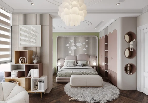 Phòng ngủ bé gái ngọt ngào, hiện đại với tông hồng chủ đạo.