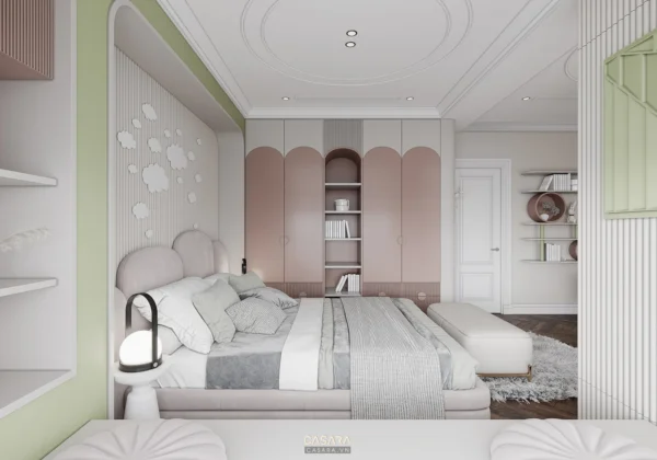 Phòng ngủ bé gái màu hồng pastel, thiết kế nhẹ nhàng, mơ màng.