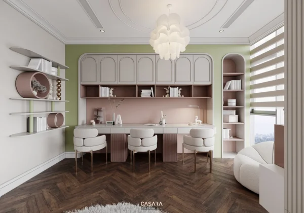Phòng làm việc tại nhà hiện đại, ấm cúng với tông màu pastel dịu mắt.