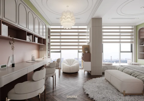 Phòng ngủ hiện đại, ấm cúng với tông màu hồng pastel chủ đạo.