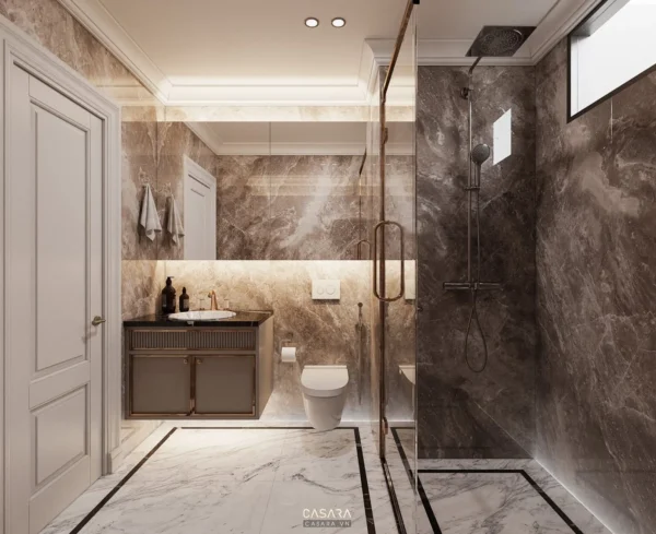 Phòng tắm hiện đại, sang trọng với tông màu nâu ấm áp.