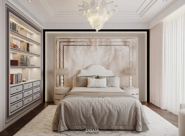 Phòng ngủ sang trọng, ấm cúng với tông màu trắng, kem chủ đạo.