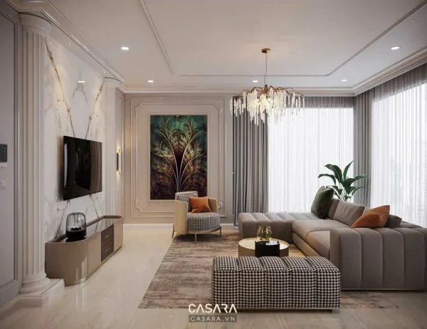 Phòng khách hiện đại, sang trọng với nội thất tinh tế, ánh sáng ấm áp.