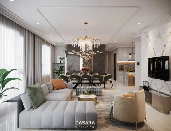 Phòng khách hiện đại, sang trọng với nội thất tinh tế, màu sắc hài hòa.