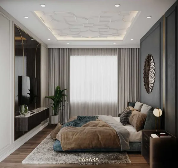 Phòng ngủ hiện đại, sang trọng với tông màu trung tính ấm áp.