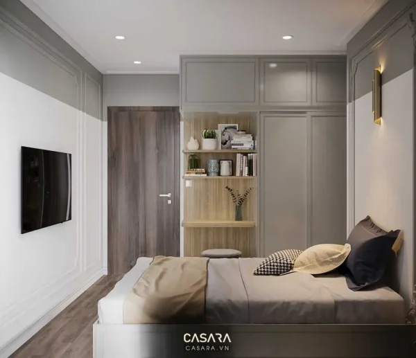 Phòng ngủ hiện đại, tối giản với tông màu trung tính ấm cúng.