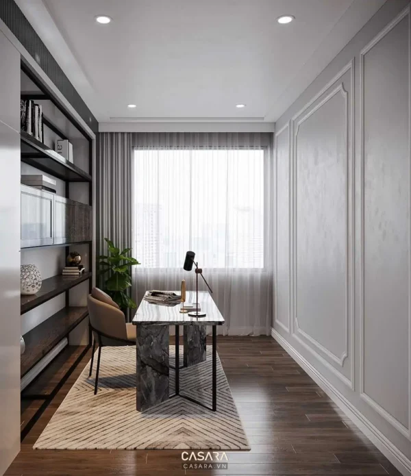 Phòng làm việc hiện đại, tối giản với nội thất gỗ và ánh sáng tự nhiên.