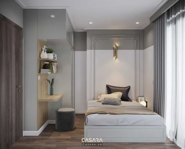 Phòng ngủ hiện đại, tối giản với giường và bàn làm việc gọn gàng.