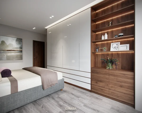 Phòng ngủ tối giản, hiện đại với tủ âm tường và tranh nghệ thuật.