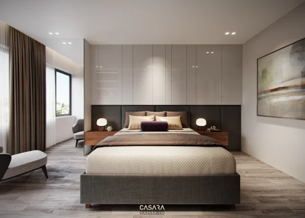 Phòng ngủ hiện đại, sang trọng với tông màu trung tính ấm áp.