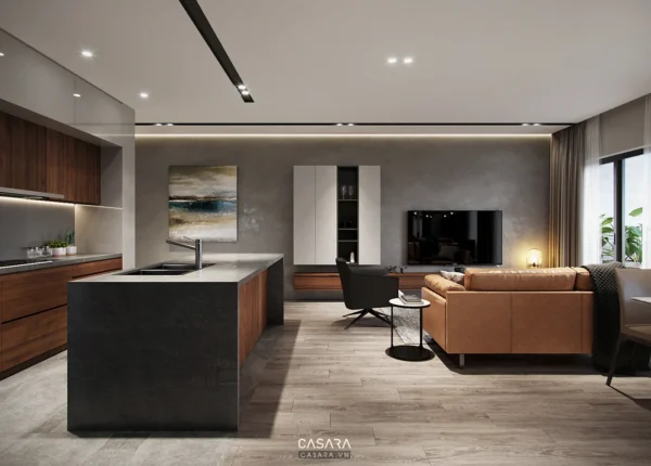 Phòng khách và bếp hiện đại, tinh tế với tông màu trung tính ấm áp.