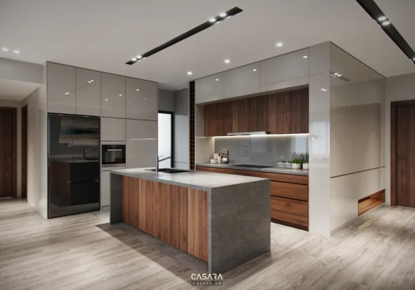 Thiết kế bếp hiện đại tối giản, sang trọng với tủ gỗ và đá.