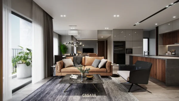 Phòng khách hiện đại, sang trọng với nội thất ấm cúng, tinh tế.