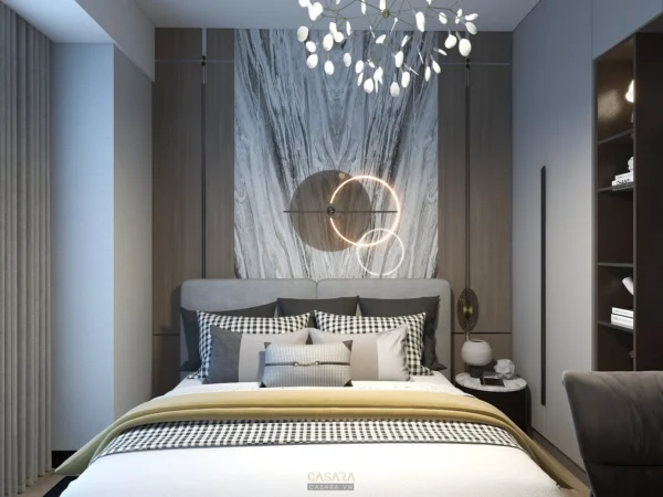 Phòng ngủ hiện đại, sang trọng với tông màu trung tính ấm áp.