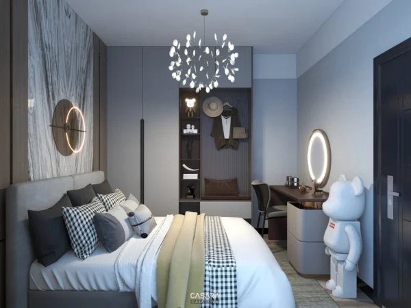 Phòng ngủ hiện đại, sang trọng với tông màu xám chủ đạo và điểm nhấn trắng.