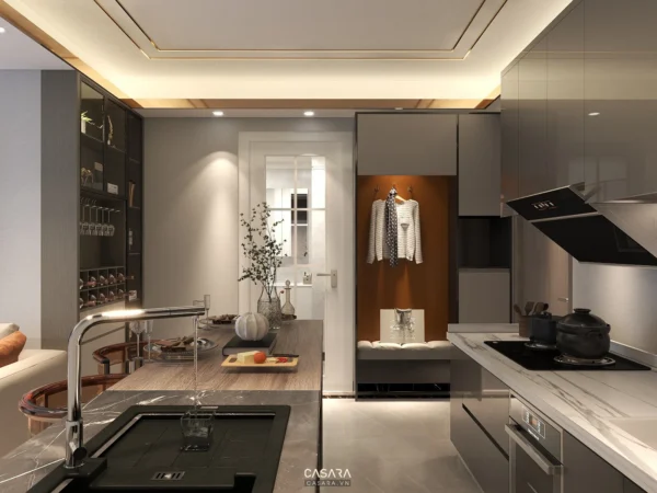 Phòng bếp hiện đại, sang trọng với thiết kế tối giản, tinh tế.