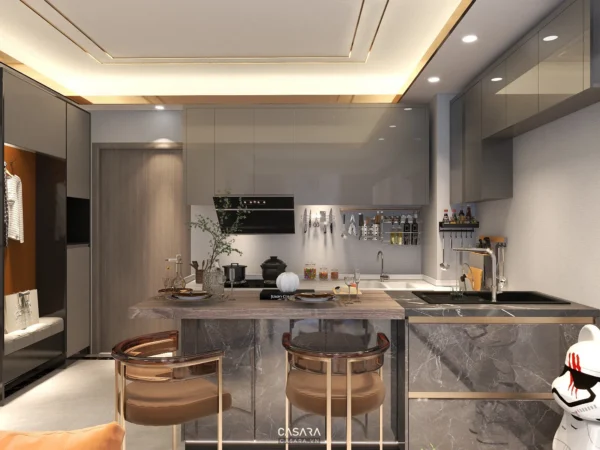 Phòng bếp hiện đại, sang trọng với thiết kế tối giản, ánh sáng ấm áp.