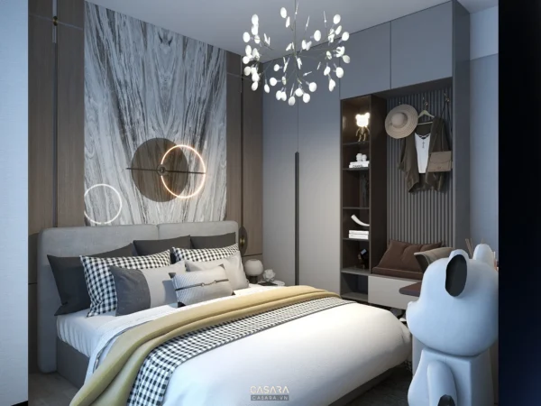 Phòng ngủ hiện đại, sang trọng với gam màu trung tính ấm áp.