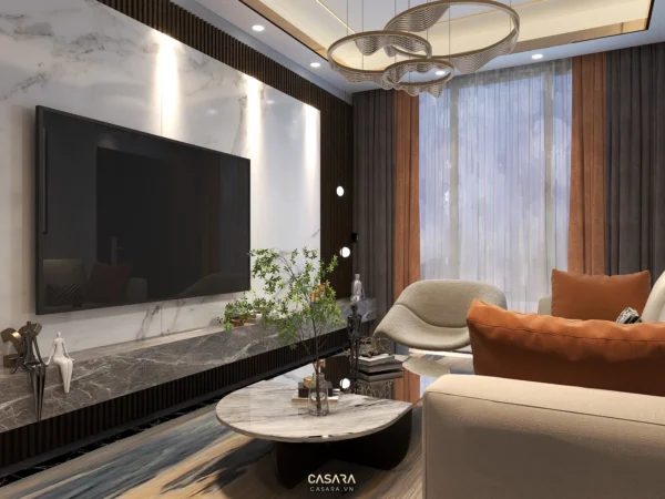 Phòng khách hiện đại, sang trọng với TV lớn và nội thất tinh tế.