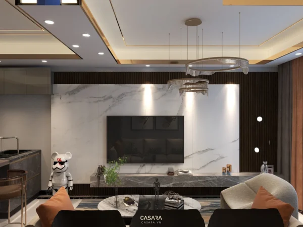 Phòng khách hiện đại với thiết kế sang trọng, ấm cúng.