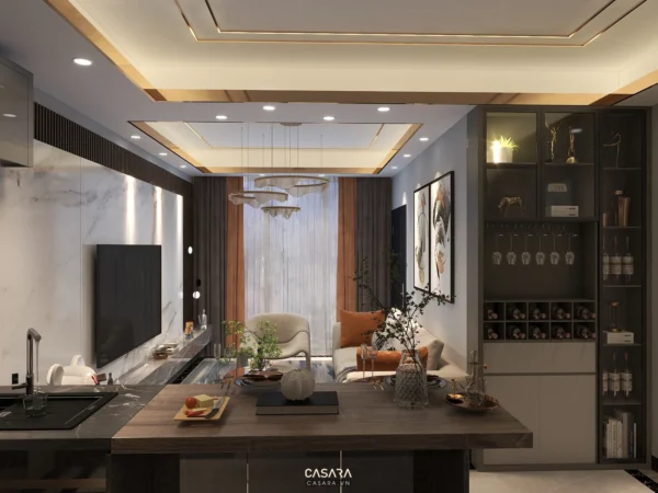 Phòng khách bếp hiện đại, sang trọng với tông màu trung tính ấm áp.