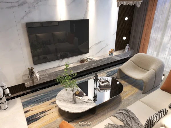 Phòng khách hiện đại, sang trọng với thiết kế tinh tế, màu sắc hài hòa.