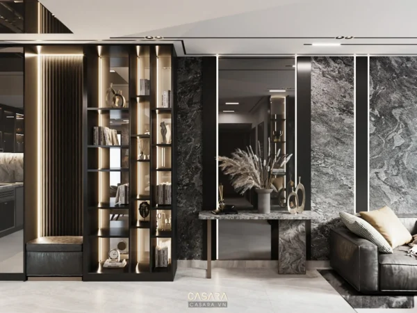 Nội thất phòng khách sang trọng với tủ kệ và gương lớn.