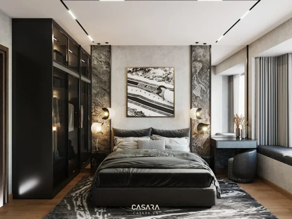 Phòng ngủ hiện đại tối giản, sang trọng với tông màu đen, xám chủ đạo.