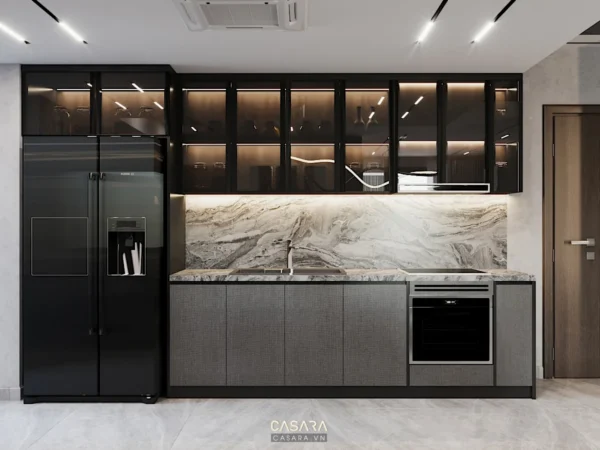 Phòng bếp hiện đại với tủ bếp kính đen và mặt đá vân mây sang trọng.