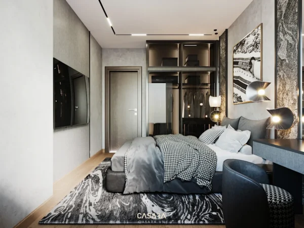 Phòng ngủ hiện đại, sang trọng với tông màu xám chủ đạo.